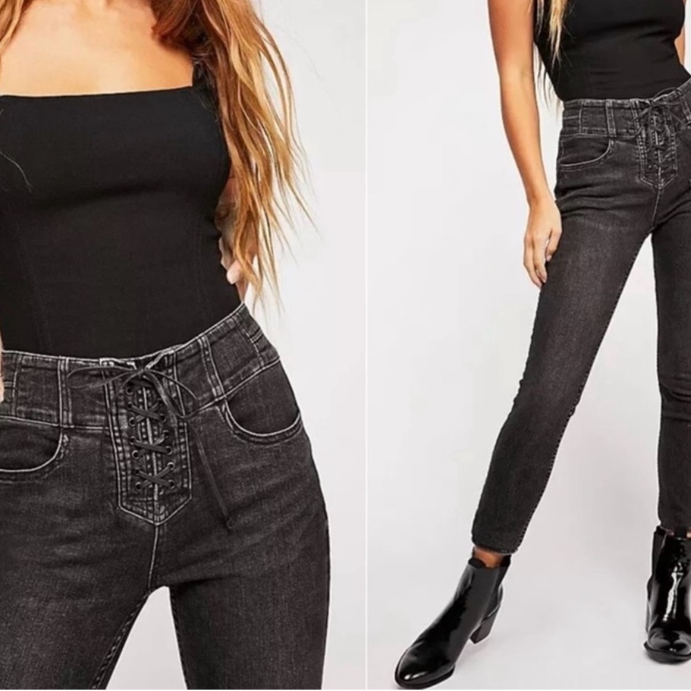 NWT Free People CRVY high rise lace front skinny Jean plus size 35/20